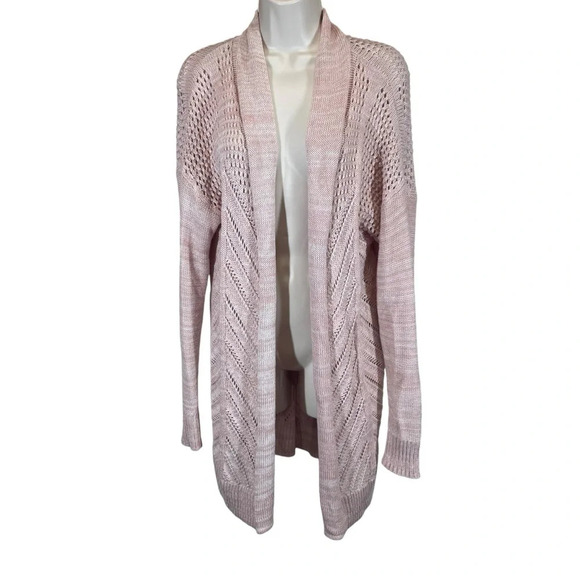 Leo & Nicole Marled Rib Trim Pointelle Cardigan pink women’s large open front - Picture 2 of 10